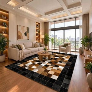 May include: A large rectangular area rug featuring a patchwork of square tiles in shades of black, brown, tan, and white. The rug is positioned in a living room with a beige sofa, a wooden coffee table, and a matching armchair on hardwood floors.