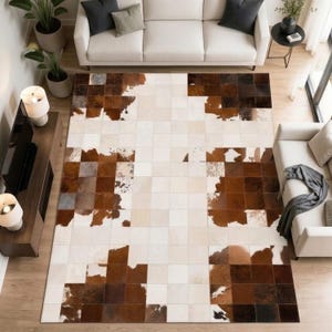 Handmade Patchwork Cowhide Rug, Brown White Leather Area Carpet, Modern Square Western Decor