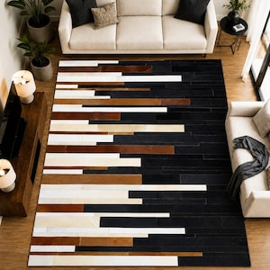 Cowhide Rug, Leather Area Rug, Handmade Rug, Modern Striped Rug, Patchwork Leather Carpet, Black Brown Ivory Rug, Custom Size Rug