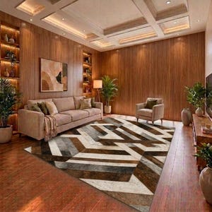 Geometric Cowhide Patchwork Rug | 3D Abstract Hair on Hide Leather Area Rug | Brown Grey White Diagonal Stripe Carpet for Living Room