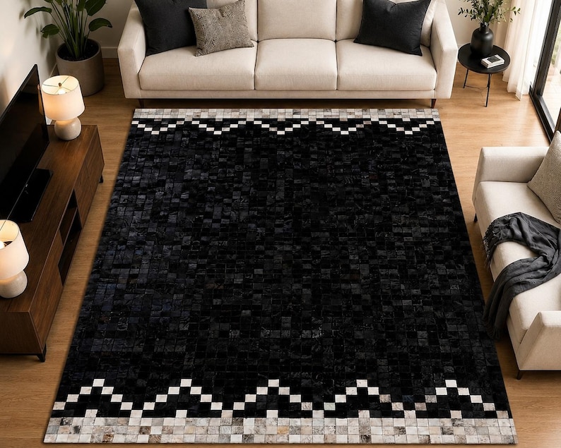 Large Patchwork Rugs Handmade Black Cowhide Patchwork Rug, Geometric Border, Luxury Leather ...