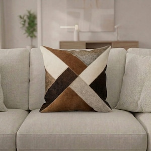 Patchwork Cowhide Pillow Cover | Genuine Leather Hair-On Cushion | Rustic Farmhouse Boho Decor