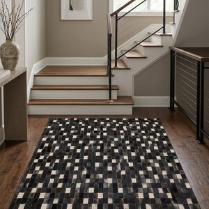 Buy Handcrafted Black Cowhide Patchwork Rug, Geometric Brick Pattern ...