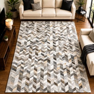Chevron Leather Area Rug, Handmade Cowhide Patchwork Rug, Modern Geometric Rug, Neutral Living Room Carpet, Luxury Custom Size Rug western