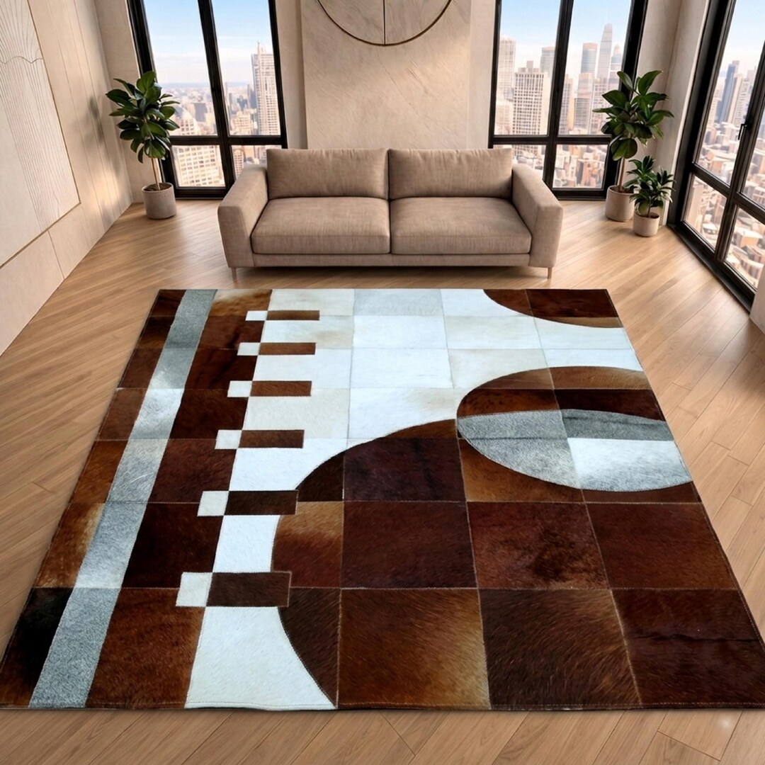 Cog Pattern Rug Brown White Geometric Cowhide Patchwork Rug – Modern Abstract Hair-on ...