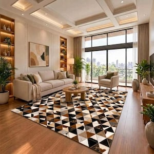 Könnte beinhalten: Ein großer Teppich mit einem geometrischen Muster aus Dreiecken in Braun-, Schwarz-, Weiß- und Beigetönen. Der Teppich liegt in einem Wohnzimmer mit einem beigen Sofa, einem runden Couchtisch aus Holz und einem Sessel auf einem Holzboden.