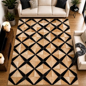 Diamond Prism Leather Area Rug, Handmade Geometric Patchwork Carpet, Modern Optical Pattern Rug, Luxury Living Room Floor Rug, Custom Size