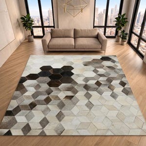 Alfombra geométrica de piel de vaca, alfombra de cuero con patchwork hexagonal, decoración de piel natural con pelo.
