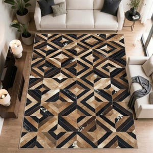 Handmade Cowhide Leather Geometric Patchwork Area Rug, Modern Diamond Living Room Decor