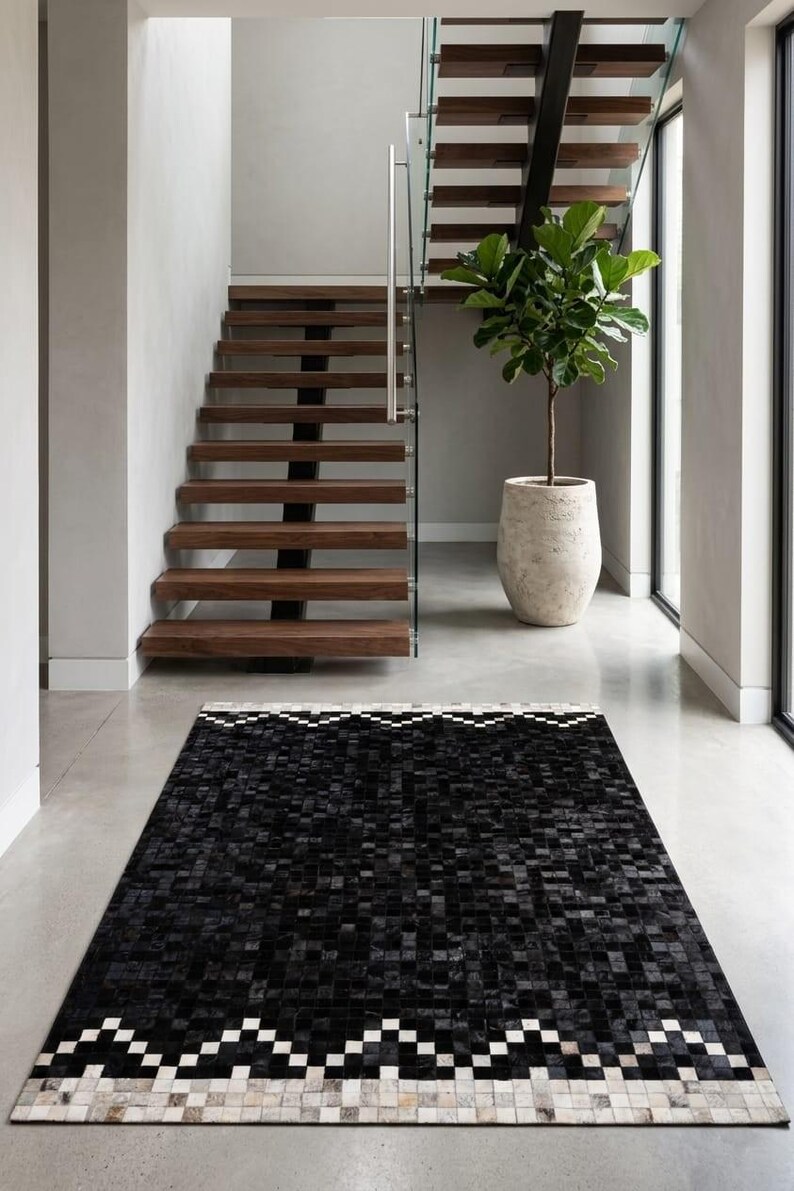 Handmade Black Cowhide Patchwork Rug, Geometric Border, Luxury Leather ...
