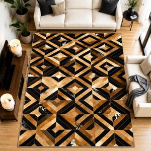 Gouden Prisma Leren Patchwork Tapijt, Handgemaakt Vloerkleed van Koeienhuid, Modern Geometrisch Tapijt, Luxe Woonkamer Tapijt, Tapijt van Huid met Haar, Maatwerk