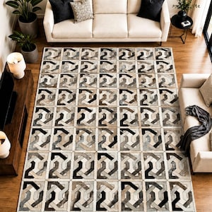 Interlocking Geometric Leather Area Rug, Modern Handmade Contemporary Carpet, Neutral Gray Ivory Floor Rug, Luxury Living Room Rug, Custom