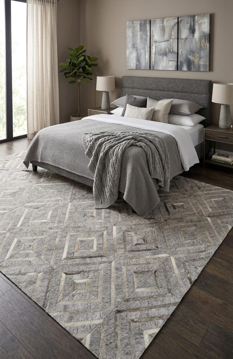 Buy Grey Geometric Leather Rug, Handmade Hair on Hide Patchwork Carpet ...