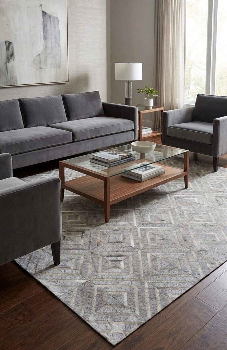 Buy Grey Geometric Leather Rug, Handmade Hair on Hide Patchwork Carpet ...