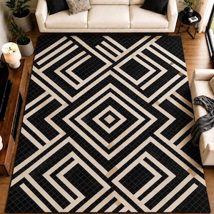 Black Cream Cowhide Rug, Geometric Area Rug, Handmade Patchwork Leather Rug Modern Living Room Carpet, Luxury Hair on Hide Rug western decor