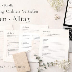 May include: A bundle of printable PDF documents and an Excel file for organization. The documents, with German titles like "Übergang" and "Ordnen," are arranged with a laptop, pen, and decorative flowers. Text on the documents includes "inbetween Bundle" and "Tragen Alltag."