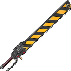 May include: A prop sword with a chainsaw blade design. The blade features alternating yellow and black stripes. The handle is brown with a silver skull design at the end. The hilt is gray with red and gold accents. The saw blade is approximately 30 inches long.