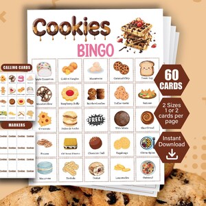 May include: A Cookies Bingo game set with calling cards, markers, and 60 cards. The game features illustrations of various cookies, waffles, and other baked goods. The words "Cookies Bingo" are displayed at the top of the page.