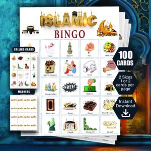 May include: An Islamic Bingo game set featuring a grid of twenty-five squares with various illustrations, including the Kaaba, prayer mats, and dates. The set includes calling cards, markers, and text indicating 100 cards, two sizes, and instant download.