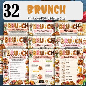 May include: A collection of 32 printable brunch-themed game sheets in US letter size. Each sheet features the word BRUNCH in food-themed lettering, including waffles, eggs, and donuts, alongside various activities like trivia, tic tac toe, and word scrambles.