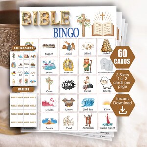 May include: Bible Bingo game with 60 cards, featuring illustrations of biblical scenes and characters. Includes calling cards, markers, and the text "Bible Bingo." The game offers two sizes, with 1 or 2 cards per page, and is available for instant download.