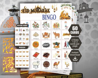 Bingo de Eid 60, Juego de fiesta de Eid, Eid ul Fitr, Eid ul Adha, Bingo musulmán, Bingo islámico, Actividad de Eid, Juego de Eid para niños, Cartones de bingo, Juego divertido de Eid