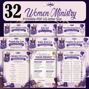 May include: A set of 32 printable Women Ministry game sheets in US-letter size. Each page features a purple and white theme with a cross, crown, and floral accents. Titles include Left Right Game, Quiz, Word Meaning Match, and What's on Your Phone.