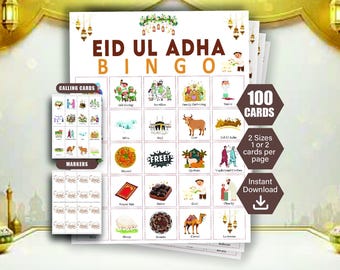 100 Bingos de Eid Ul Adha, Juego de fiesta de Eid Eid UL Adha, Bingo musulmán, Bingo islámico, Actividad de Eid, Juego de Eid para niños, Tarjetas de bingo, Juego divertido de Eid
