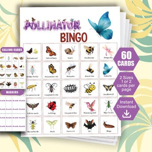 May include: A stack of white bingo cards with a colorful pollinator theme. The cards feature illustrations of insects and butterflies. Text includes "Pollinator Bingo", "60 Cards", and "Instant Download".