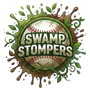 Puede incluir: Un diseño de béisbol con las palabras "SWAMP STOMPERS" en una combinación de colores verde y blanco. El béisbol está rodeado por un diseño de salpicaduras verdes y marrones con hojas y enredaderas verdes.