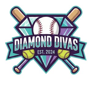 May include: A logo for "Diamond Divas" featuring a baseball and two softballs. The design includes crossed baseball bats, a diamond shape, and the text "Diamond Divas EST. 2024" in a teal and purple color scheme. Two yellow softballs are positioned at the bottom.