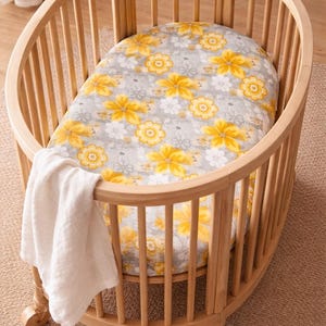 vintage style stokke mini crib sheet, yellow and grey floral fitted sheet