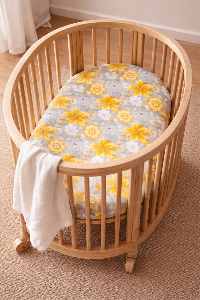 vintage style stokke mini crib sheet, yellow and grey floral fitted sheet