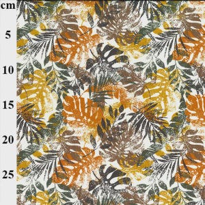 May include: A fabric sample featuring a tropical leaf pattern. The design includes large, stylized leaves in shades of brown, orange, yellow, and green, set against a white background. The pattern repeats across the fabric, creating a textured effect.