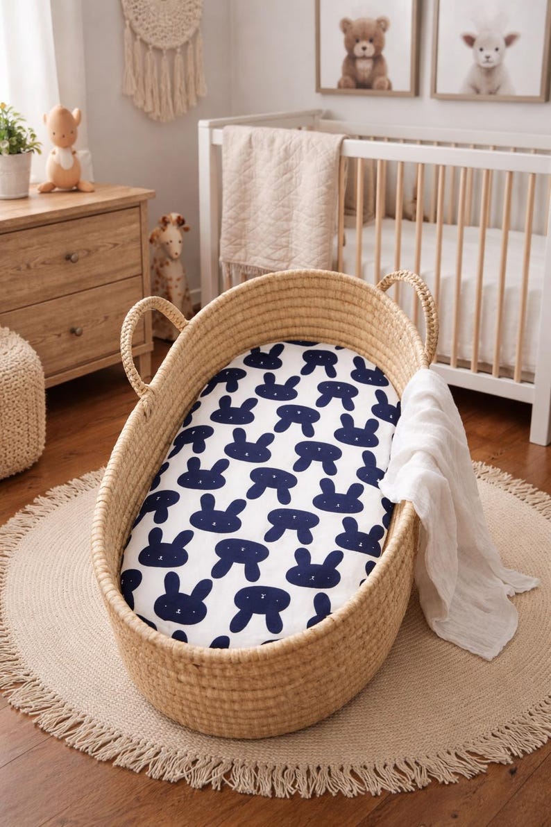 May include: A woven wicker baby bassinet with a navy blue bunny pattern sheet. The bassinet sits on a round jute rug with a fringed edge. A white muslin blanket is draped over the side.