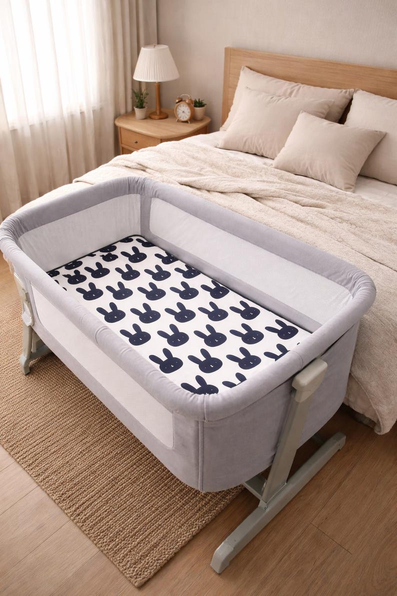May include: A grey and white baby bassinet with a navy blue bunny pattern on the mattress. The bassinet is next to a bed with beige bedding. The room has a neutral colour palette.