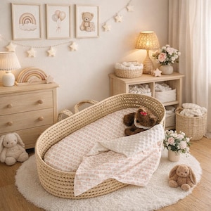 May include: A nursery scene with a woven bassinet, a teddy bear, and a blanket with a rainbow pattern. The room features framed art, a dresser, a lamp, and a plush bunny. The color palette is soft and neutral.