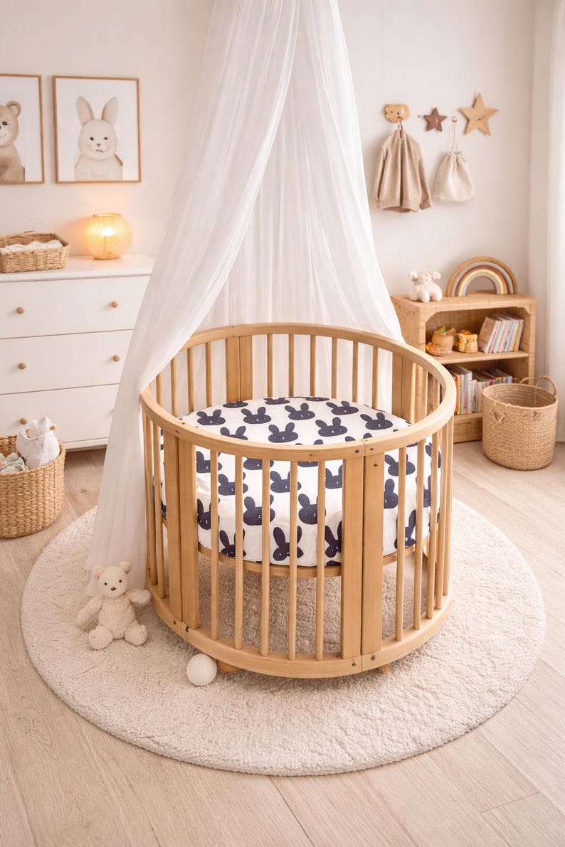 May include: A light wood-toned, circular baby cot with a navy blue bunny print sheet. The cot is on a cream rug, with a white canopy. The room is decorated with framed art and a teddy bear.
