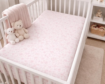 Floral Cot Sheet in Pale Blue | Nursery Bedding Essentials | Organic Cotton Fitted Crib Liner | Toddler Bedroom Essentials | 120 x 60 cm