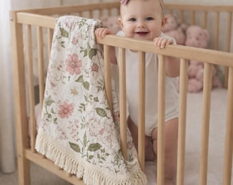 Floral Baby Blanket | Boho Baby Bedding | Vintage Botanical Nursery Blanket | Soft Cotton Crib Throw | Newborn Muslin Swaddle For Girls