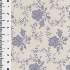 May include: Cream-colored fabric with a repeating pattern of lavender roses and vines. The design includes detailed floral elements and delicate foliage, creating a vintage aesthetic. The fabric is measured in inches.