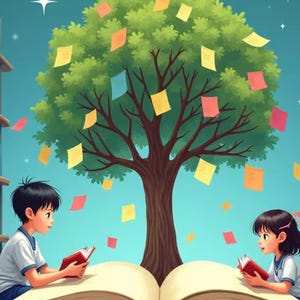 Può includere: Una copertina di libro intitolata Mon Carnet de Communication Visuelle raffigurante un grande albero con foglietti adesivi colorati sui rami, su un cielo verde acqua stellato. Due bambini sono seduti ai lati di un libro aperto con libri rossi.