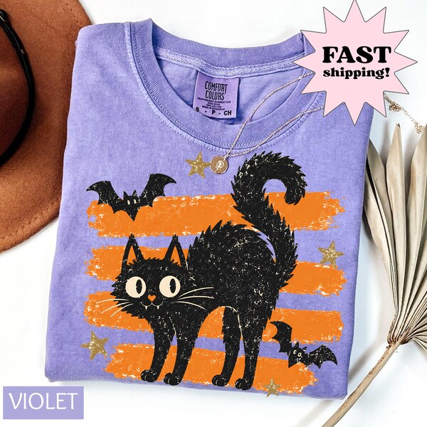 Vintage Cat Halloween T-Shirt, Retro Spooky Season Tee, Comfort Colors Fall Top, Boho Witchy Goth Apparel, Cute Oversized Cottagecore Gift