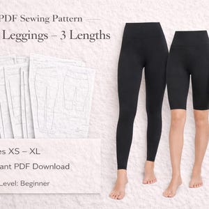 Può includere: Leggings neri in tre lunghezze: lunghezza intera, al ginocchio e pantaloncini. L'immagine include un modello di cucito PDF con il testo "Basic Leggings - 3 Lengths", taglie XS-XL e "Livello: Principiante".