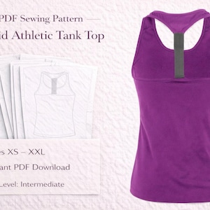 May include: A bright purple athletic tank top with a racerback design. The image also includes a PDF sewing pattern for the tank top, with text indicating sizes XS-XXL, instant PDF download, and an intermediate skill level.