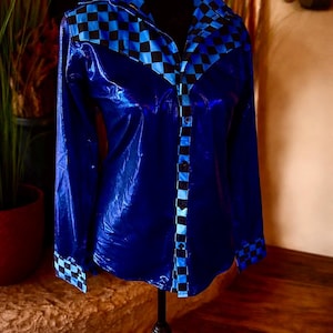 COBALT COWGIRL | Checkered Shimmery Cobalt Rodeo Shirt | Sparkly Western Cowgirl Top | 4-Way Stretch Show Shirt Button Up Button Down