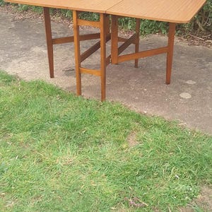 May include: A light brown, mid-century modern style drop-leaf table. The table has a rectangular top with two folding leaves and four legs. The table is approximately 122 cm long when fully extended.