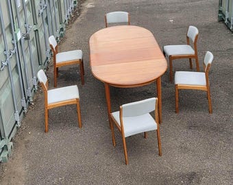 Mid Century Danish Teak Oval Extending Dining Table & 6 Chairs Set Vintage Free