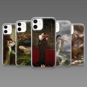 May include: A collection of phone cases featuring classical art prints. The cases display various paintings with figures in dramatic poses, showcasing a range of colors and artistic styles. Each case has a clear border.