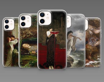 May include: A collection of phone cases featuring classical art prints. The cases display various paintings with figures in dramatic poses, showcasing a range of colors and artistic styles. Each case has a clear border.